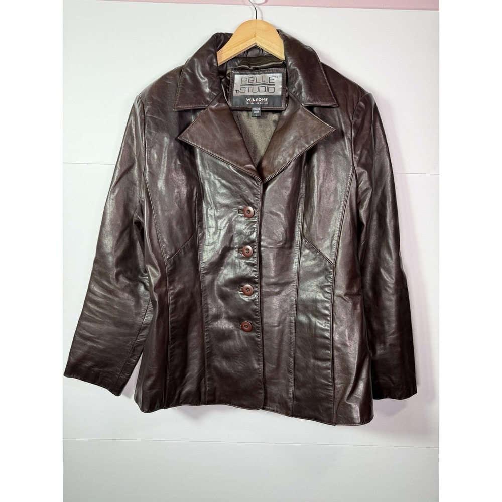 Wilsons Pelle Studio Brown Leather Blazer Jacket Womens Large Button Front